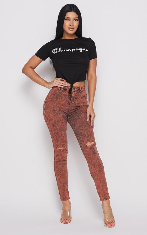 Acid Wash Slightly Ripped Stretchy Skinny Jeans - Orange - SohoGirl.com